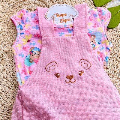 Conj. Blusa Baby Girl e Jardineira Ursinha - Rosa